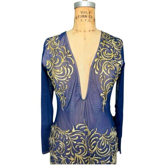 HOLT Maison De Luxe Hand Painting Navy & Gold Mini Embroidered Dress Size L - Picture 4 of 8